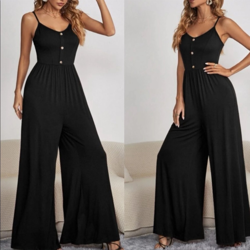 Boho button detail spaghetti straps Wide Leg jumpsuit GREEN - Picture 9 of 15